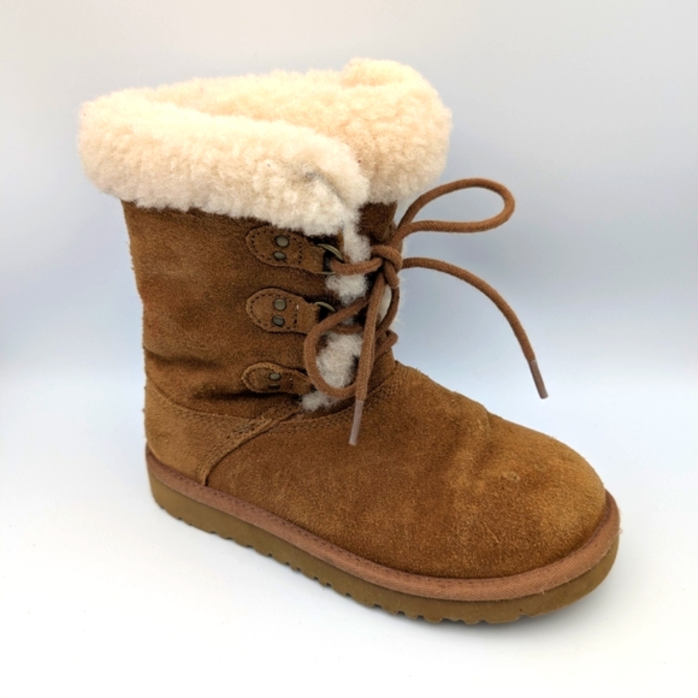 UGG Australia Kids Girls Tan Suede Shearling Lace-Up Winter Boots Size 1